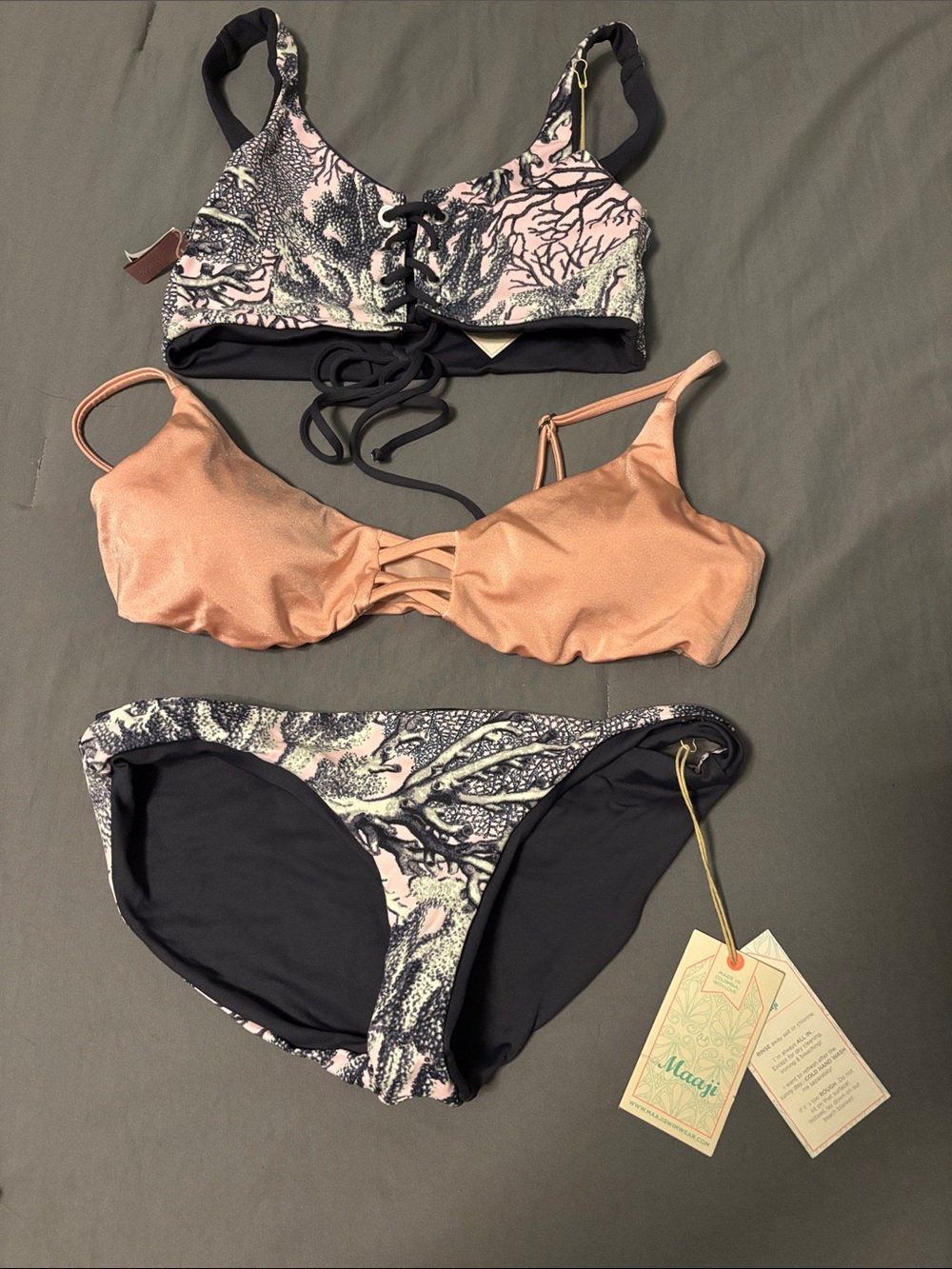 Maaji Coral Pink Lace-Up & Printed 3-Piece Bikini Set